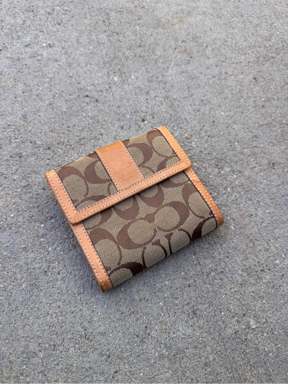 Coach Brown Signature Canvas Bifold Wallet with Tan Leather Trim